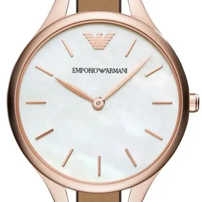 Emporio Armani Aurora Mother of Pearl White Dial Brown Leather Strap Watch For Women - AR11057